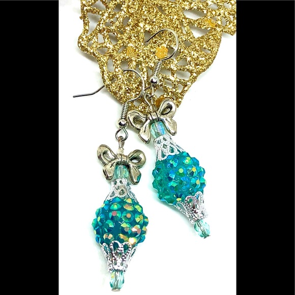Christmas AB Turquoise Shambala Disco Ball Filigree Silver Bow Ornament Earrings - Picture 1 of 3